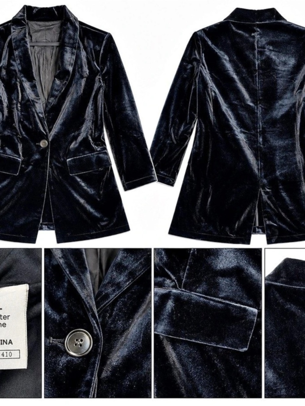 Women’s L Black Velvet Longline Blazer Jacket One Button Stretch Evening